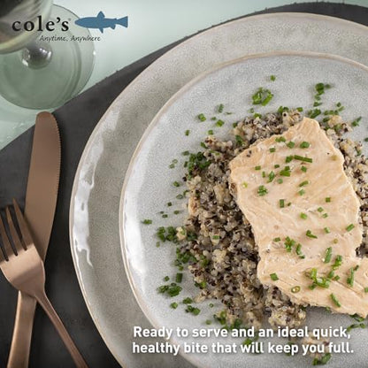 Cole's Open & Eat Meals variety pack featuring smoked salmon, trout, quinoa, and vegetables in ready-to-eat 5.6 oz cans.