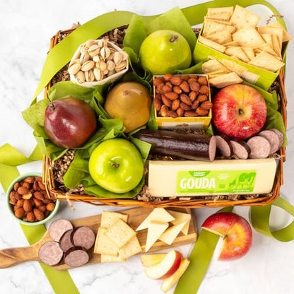 Gourmet gift basket by A Gift Inside with fresh fruit, nuts, meats, and cheeses, perfect for holidays or expressing gratitude.
