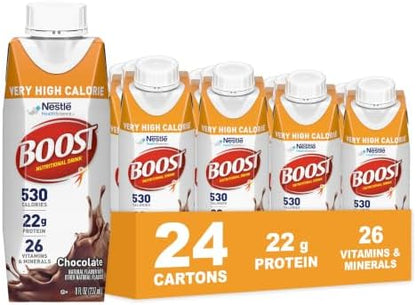 BOOST Very High Calorie Chocolate Protein Drink 8 Fl Oz bottles, 24-pack, showing chocolate-flavored nutritional drink bottles.
