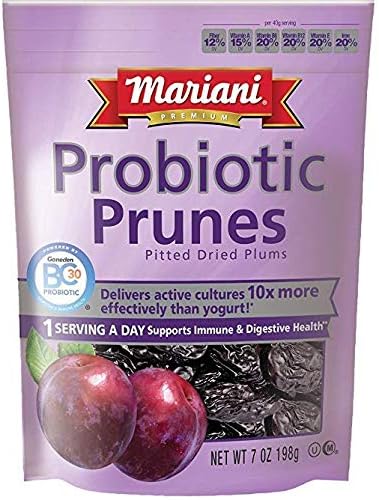 Mariani Probiotic Dried Prunes with BC30 cultures, supporting digestive health, in a 7 oz bag, shown in a close-up of the fruit.