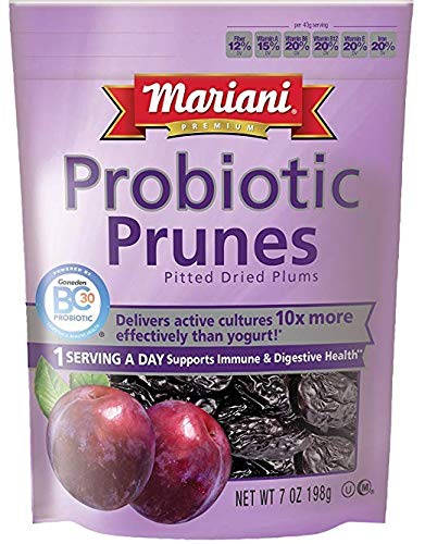 Mariani Premium probiotic dried prunes in a 7 oz bag, California-grown, supporting digestion and immune health, fiber-rich dried fruit snack