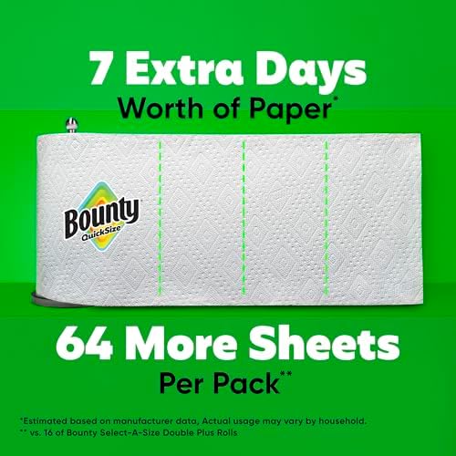 White Bounty paper towels in quick size, 16 family rolls, shown with K-Cup coffee pods for size comparison and packaging details.