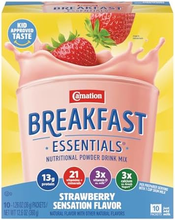 Carnation Breakfast Essentials Strawberry nutritional drink mix in a canister, instant breakfast supplement with fresh strawberry flavor.