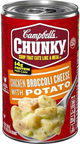 Campbell’s Chunky Chicken Broccoli Cheese Soup in an 18.8 oz can, showing the soup with chicken, broccoli, and cheese in a can.
