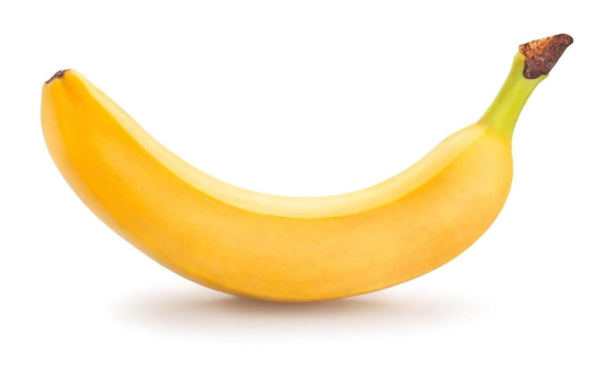 Fresh organic banana from the brand Fresh Produce, showing a ripe yellow banana on a white background.