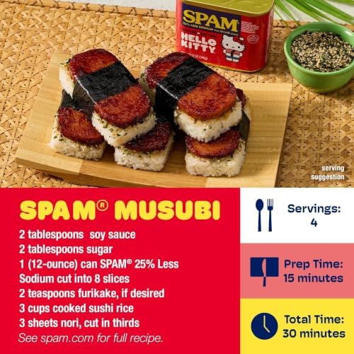 Canned SPAM spiced meat with 25% less sodium, 12oz cans, shelf-stable protein food, stacked in a display.