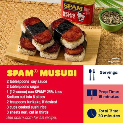 Canned SPAM spiced meat with 25% less sodium, 12oz cans, shelf-stable protein food, stacked in a display.