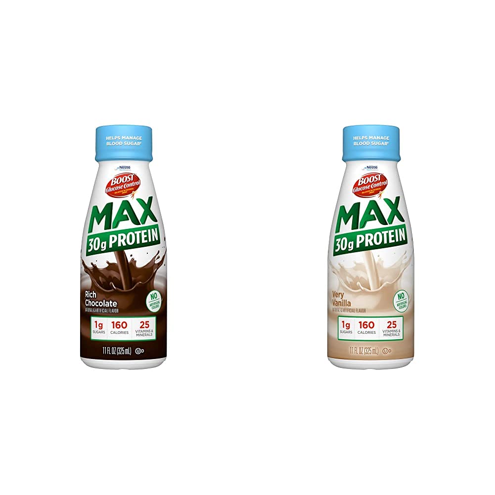 BOOST Glucose Control Max protein nutritional drinks in rich chocolate and vanilla flavors, 12-pack each, with 30g protein per serving.