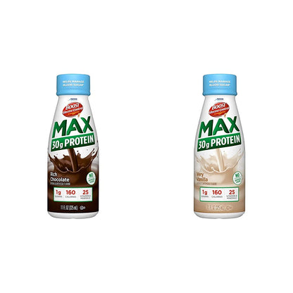 BOOST Glucose Control Max protein nutritional drinks in rich chocolate and vanilla flavors, 12-pack each, with 30g protein per serving.
