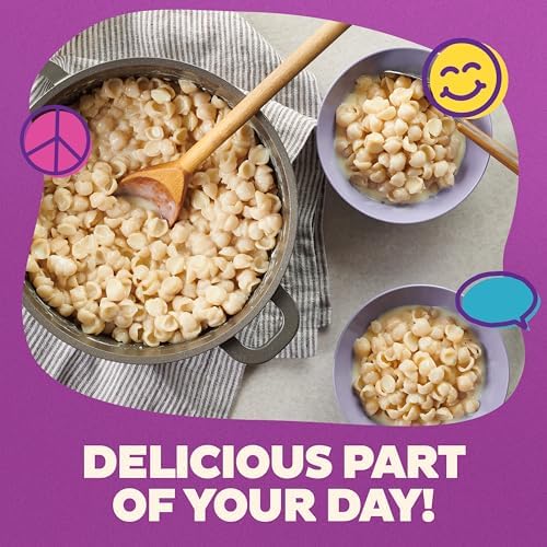 Annie's Homegrown Shells & White Cheddar organic macaroni and cheese pack with four 24 oz boxes, featuring pasta and cheese sauce.