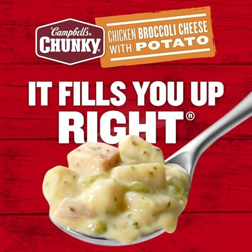 Campbell’s Chunky Chicken Broccoli Cheese Soup in an 18.8 oz can, showing the can with label and soup image.