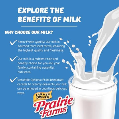 Prairie Farms whole milk in 1-quart shelf-stable boxes, white milk with Vitamin D, preservative-free, hormone-free, gluten-free, and kosher.