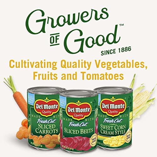 Canned whole potatoes from Del Monte, 14.5 oz, 12-pack, showing the label and canned vegetable contents.