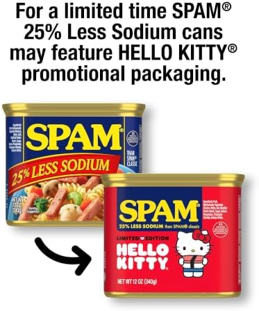 Canned SPAM spiced meat with 25% less sodium in 12oz cans, shelf-stable protein food, stacked in a pack of 12.