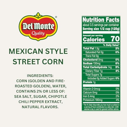 Canned Del Monte Mexican Street Corn in 14.75 oz. cans, pack of 12, featuring seasoned roasted corn with spices and cheese.