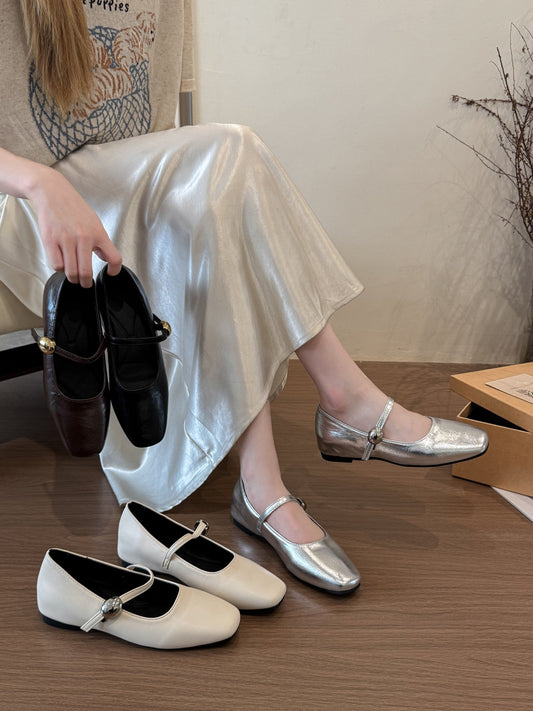 Women Black Flat Low Heel Leather Mary Janes, New Summer Versatile French Style Daily Shoes Matching Skirts