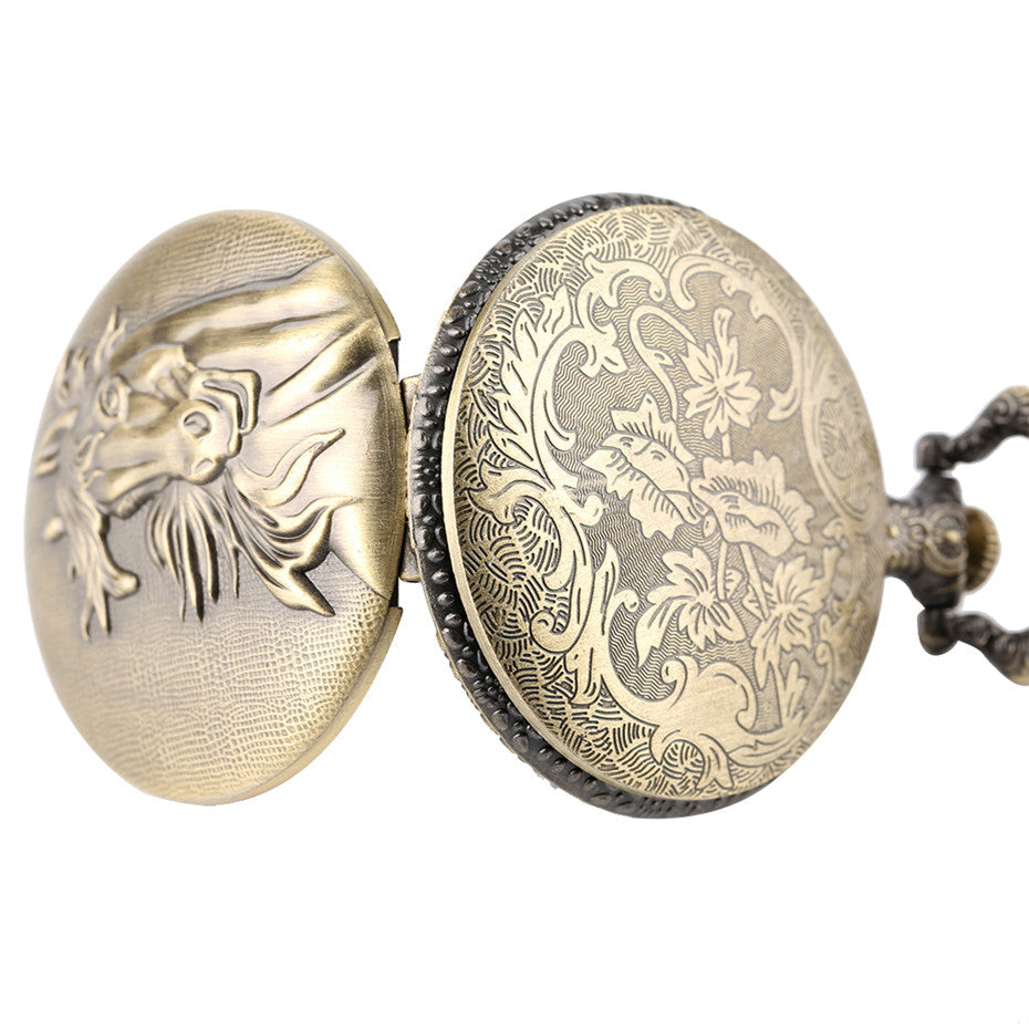 Quartz pocket watch with classic round case and chain, displayed against a clean background
