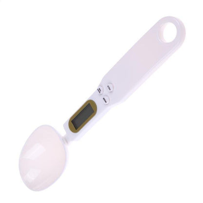Electronic kitchen scale digital measuring spoon with LCD display, shown in white for precise ingredient weighing