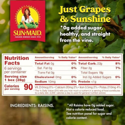 Sun-Maid raisin snack pack bundle featuring blueberry vanilla yogurt and classic California sun-dried raisins in 1 oz boxes.