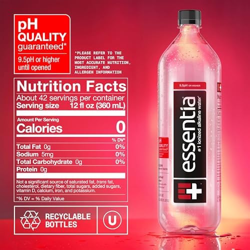 Essentia alkaline drinking water in black bottles, 42.3 fl oz, infused with electrolytes, pH 9.5+, pack of 12.
