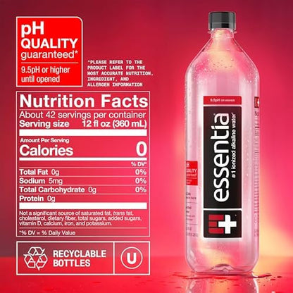 Essentia alkaline drinking water in black bottles, 42.3 fl oz, infused with electrolytes, pH 9.5+, pack of 12.