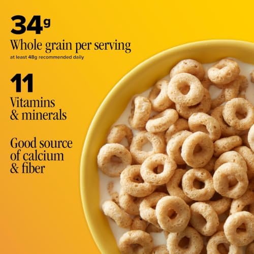 Cheerios gluten free breakfast cereal in a family size box, showing golden oat rings on the front packaging.
