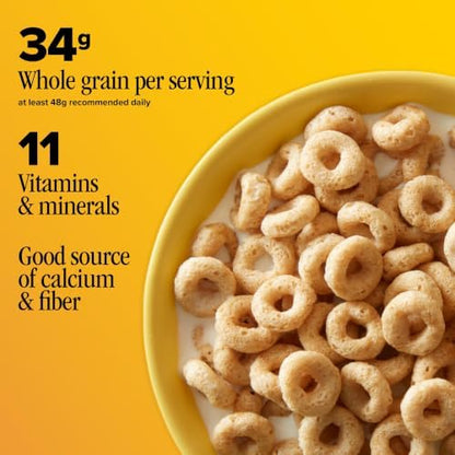 Cheerios gluten free breakfast cereal in a family size box, showing golden oat rings on the front packaging.