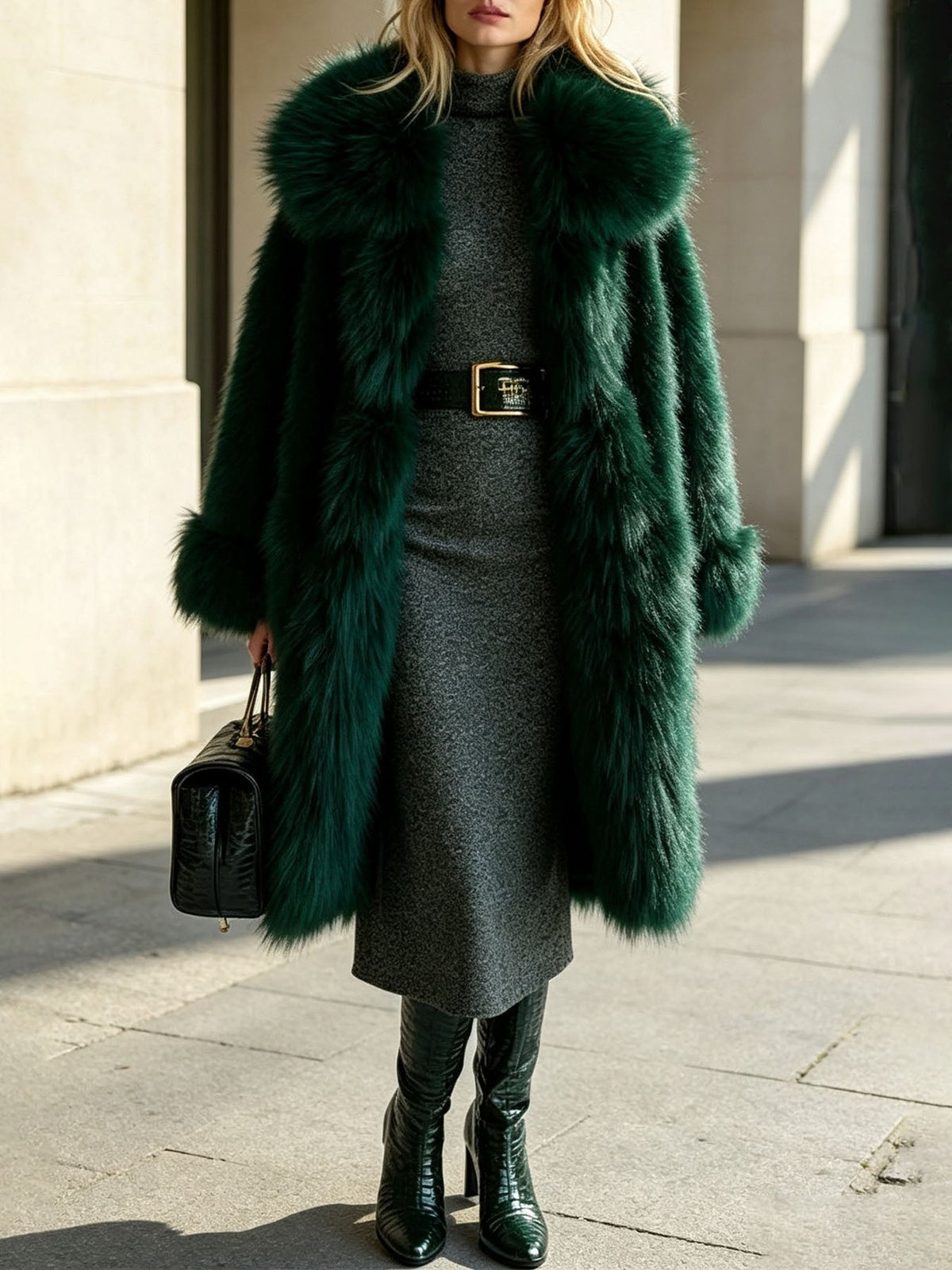 Wide lapel loose long dark green faux fur coat by My Store