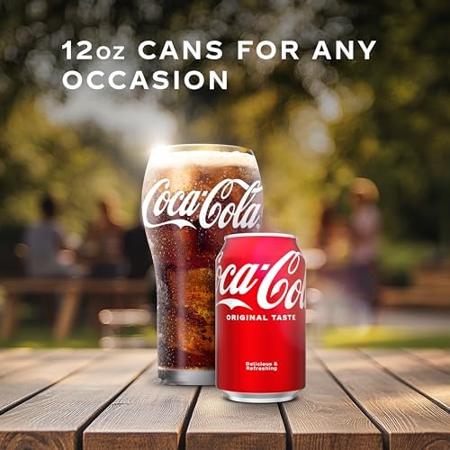 Coca-Cola soda soft drink fridge pack with 12 cans, 12 fl oz each, stacked in a clear plastic pack, featuring classic red branding.