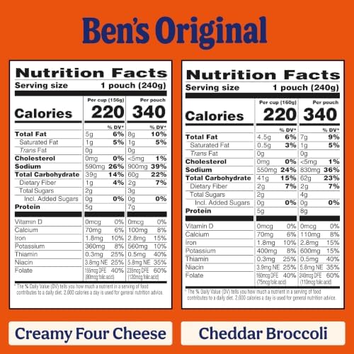 Ben's Original ready rice four cheese and cheddar broccoli microwave rice in 8.5oz pack, showing a bowl of prepared rice with cheese and broccoli.