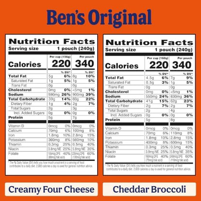Ben's Original ready rice four cheese and cheddar broccoli microwave rice in 8.5oz pack, showing a bowl of prepared rice with cheese and broccoli.