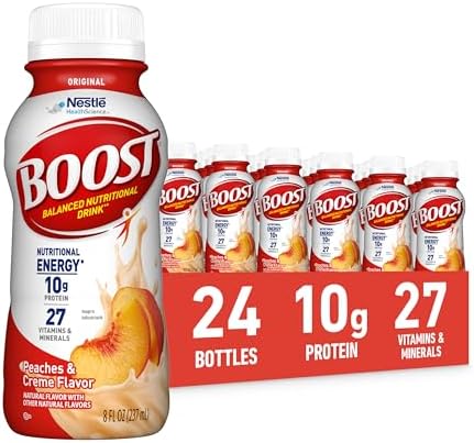 BOOST Original Nutritional Shake in Peaches & Crème flavor, ready-to-drink 24-pack, showing bottles with peach and cream flavor label.