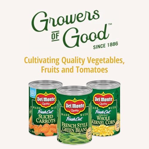 Canned Del Monte whole kernel gold corn with no salt added, 8.75 ounces per can, pack of 12 containers on a white background.