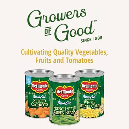 Canned Del Monte whole kernel gold corn with no salt added, 8.75 ounces per can, pack of 12 containers on a white background.