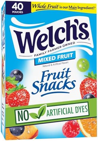 Welch's mixed fruit snacks box with 40 packs of 0.8 oz kids' fruit snacks featuring colorful, fruit-shaped gummies.