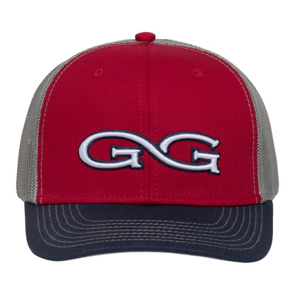 Red GameGuard tri-color cap with glacier mesh back, branded baseball hat featuring a curved brim and adjustable strap.