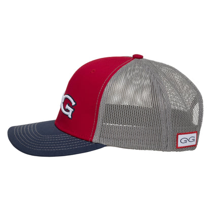 Red GameGuard cap with tri-color design and glacier mesh back, featuring branded embroidery for a sporty look.