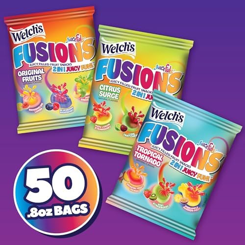 Welch's Fruit Snacks Fusions variety pack with colorful, gluten-free fruit snack pouches in 0.8 oz size, 50 count.
