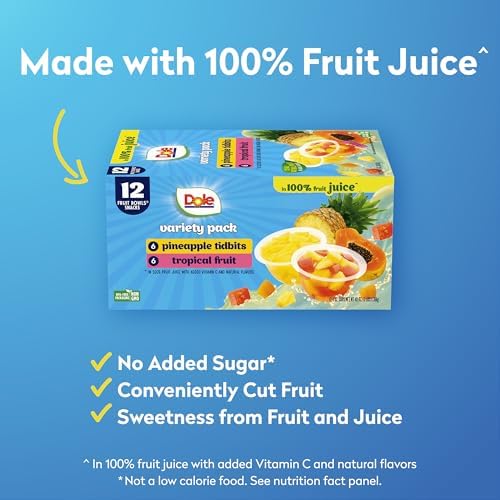Canned Dole pineapple tidbits and tropical fruit in 4 oz bowls, 12-pack, showing bright pineapple and mixed fruit pieces.