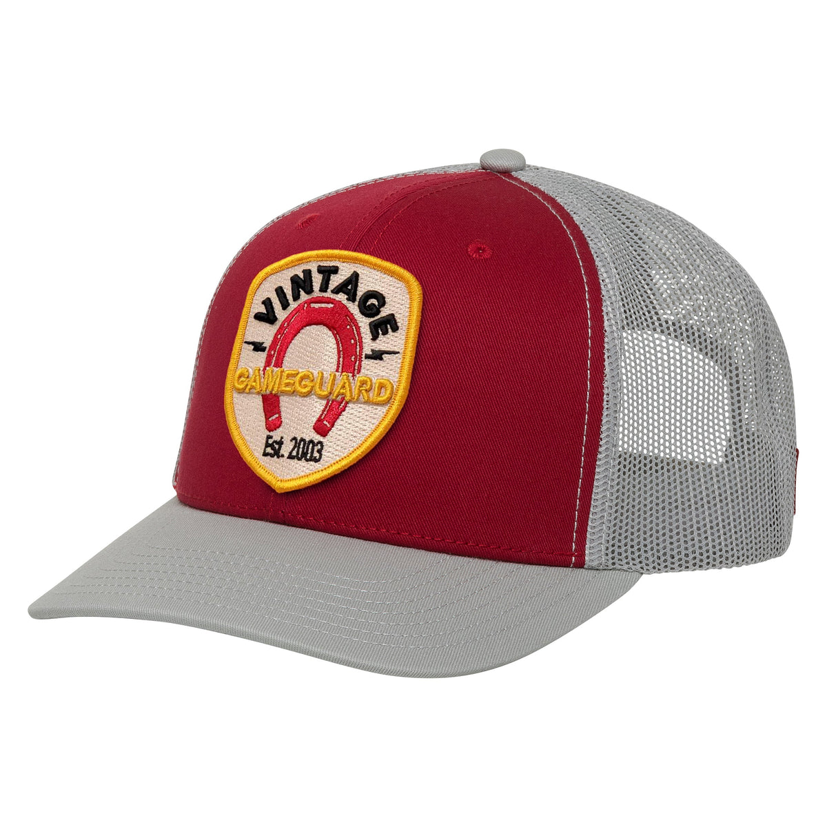 GameGuard Crimson Cap with glacier meshback and embroidered patch, stylish mesh-back baseball cap with vibrant red color.
