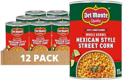 Del Monte Mexican street corn in a 14.75 oz. can, pack of 12, with vibrant corn and seasoning visible in the image.