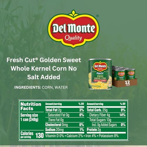 Canned Del Monte Whole Kernel Gold Corn No Salt Added in 8.75-ounce can, pack of 12, with bright yellow corn kernels inside