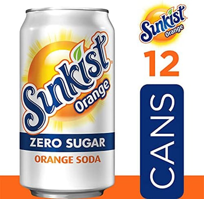 12-pack of Dr Pepper Sunkist Zero Sugar Orange Soda cans, 12 fl oz each, featuring bright orange design and refreshing citrus flavor.
