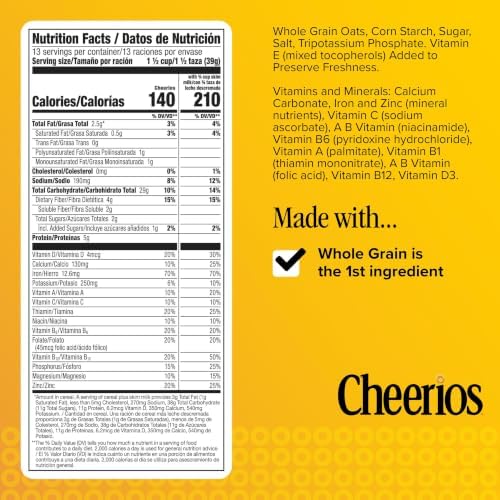 Cheerios gluten free breakfast cereal in a family size 18 oz box, heart-healthy whole grain cereal for breakfast.