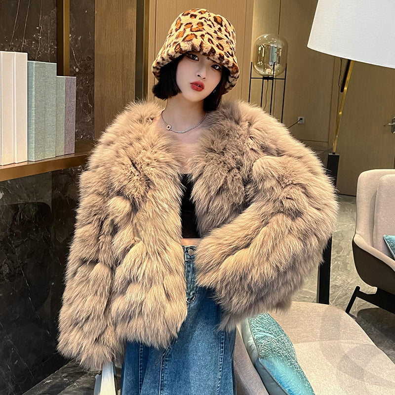 Women’s winter faux fox fur coat in a soft, plush design, front view