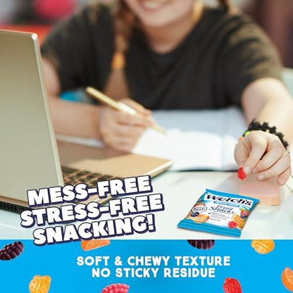 Welch's mixed fruit snacks in a 40-pack box, 0.8 oz individual servings, colorful fruit-shaped chewy treats for kids.