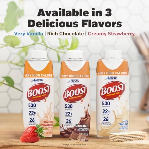 BOOST Very High Calorie Chocolate Protein Drink, 8 Fl Oz bottles, 24-pack, rich flavored nutritional supplement for added calories.