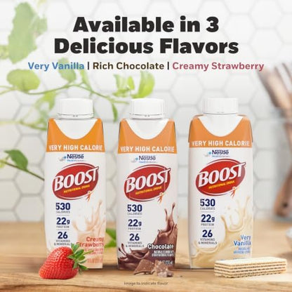 BOOST Very High Calorie Chocolate Protein Drink, 8 Fl Oz bottles, 24-pack, rich flavored nutritional supplement for added calories.