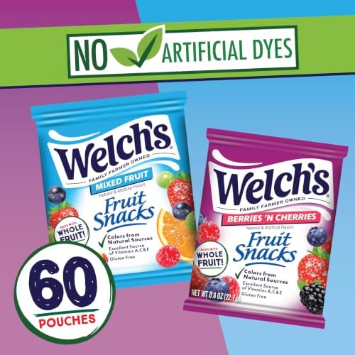 Welch's mixed fruit and berries gummy fruit snacks in 0.8 oz packages, 60 count, colorful fruit-shaped gummies.