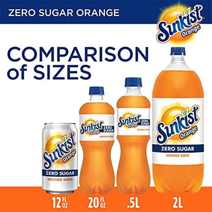 Six-pack of Dr Pepper Sunkist Zero Sugar Orange Soda cans, 12 fl oz each, showing bright orange soda in aluminum cans.
